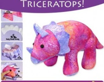May include: A pink and purple fabric Triceratops dinosaur toy with black eyes. The toy is made from a patterned fabric and has a three-dimensional design. The toy is shown in various stages of construction, with the final image showing the completed toy.