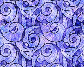 May include: A seamless fabric pattern featuring a repeating design of swirling, abstract shapes in shades of blue and purple. The design has a batik-like appearance with dark outlines and lighter, textured interiors. A ruler is visible at the bottom.