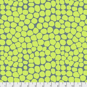 May include: A seamless pattern of lime green circles on a slate blue background. The circles are of varying sizes and are arranged in a random pattern.