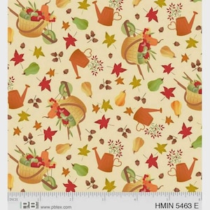 May include: A repeating pattern with autumnal motifs. The design includes orange watering cans, baskets of fruit and flowers, red and yellow leaves, green pears, and acorns on a cream background. The text "HMIN 5463 E" is visible.
