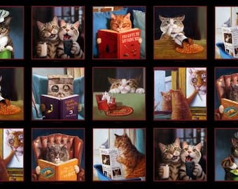 Cat's Reading in Black Panel in 24" from the Cat's Meow Collection from Elizabeth's Studio - 100% Cotton