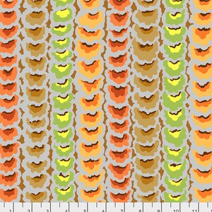 May include: Abstract pattern with repeating rows of overlapping, rounded shapes in shades of orange, brown, green, and yellow on a light gray background.