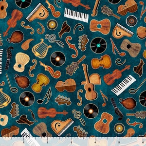 May include: A teal blue background with a repeating pattern of musical instruments, including guitars, violins, a harp, a piano, and music notes. The instruments are drawn in a cartoon style with brown, black, and white colors.