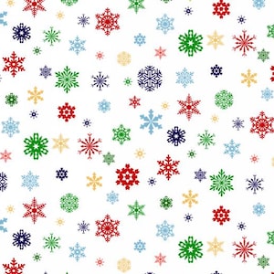 エリザベス スタジオのモアヘッド社によるサンタ リスト コレクションのマルチカラーの白の雪の結晶 - 綿 100% 生地