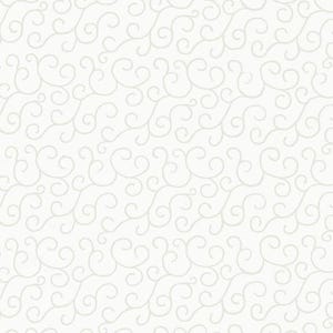 May include: A white fabric featuring a repeating pattern of light gray swirling lines and delicate scrollwork. The design consists of continuous, interconnected curves that create a consistent, flowing motif across the entire surface of the material.
