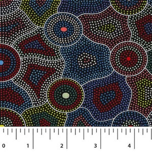 May include: Abstract fabric with a black background and a repeating pattern of colourful circles with white outlines. The circles are filled with small dots in various colours, including red, blue, yellow, and green.