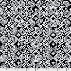 May include: Black and white abstract pattern with circles and squares on a white background.