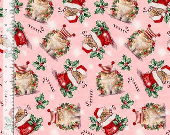 Gatos navideños de la colección Holiday Favorites de Timeless Treasures Fabric - Tela 100 % algodón