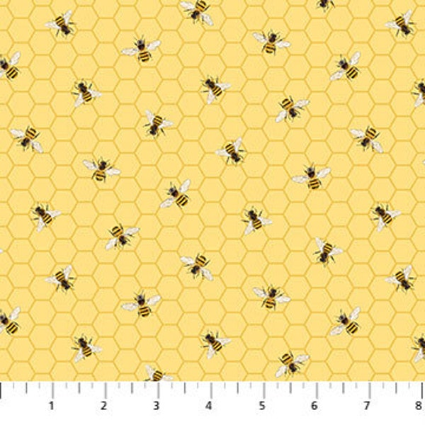 Honey Bees in the Hive in Yellow from Lavender Market Collection By Deborah Edwards For Northcott Fabric- 100% High Quality Cotton