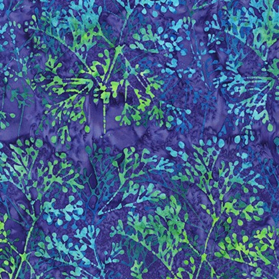 Batik Fabric Jewel Royal Blue & Green Branches From Artisan Batiks