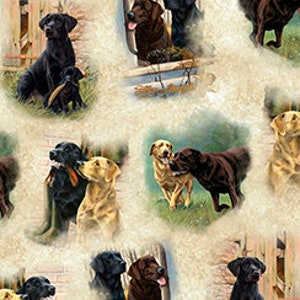 May include: A seamless pattern featuring various Labrador Retrievers in black, chocolate, and yellow colors. The dogs are depicted in different poses, including sitting, standing, and running. The background is a light beige with a subtle texture.