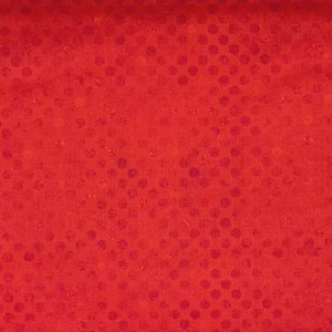 May include: A vibrant red fabric featuring a subtle, tonal polka dot pattern. The design consists of slightly darker red circular spots arranged in a repeating grid across the surface, creating a textured appearance on the solid red background.