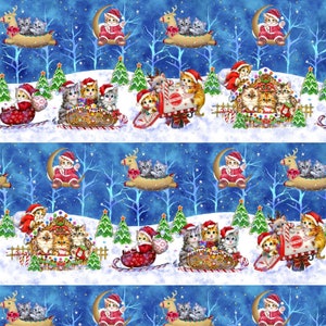 May include: A repeating pattern featuring kittens in Santa hats and winter scenes. Kittens ride on crescent moons, reindeer, and sleds. The background is a snowy landscape with Christmas trees and a starry blue sky.