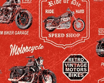 Motorcycle Main in Red from Born to Ride Collection by Windham Fabric - 100% Quilt Shop Cotton