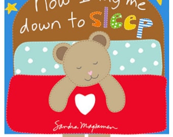 May include: A brown teddy bear with closed eyes is sleeping in a red bed with white polka dots. The bed has a blue and white patterned blanket. The text "Now I lay me down to sleep" is written in brown with colourful letters for "sleep".
