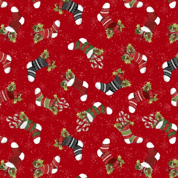 Bas de Noël à lancer sur rouge de la collection Baby, It's Gnomes Outside de Wilmington Prints - 100 % coton