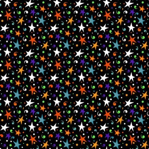 Tossed Multicolored Stars in Black Multi from Witch's Night Out Glow in the Dark Collection for Henry Glass Fabrics - 100% Cotton Fabric