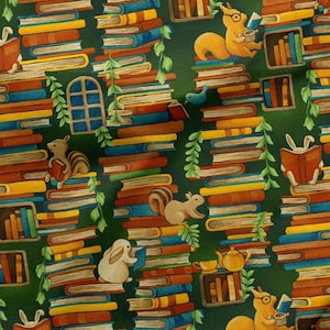 May include: A whimsical pattern featuring stacks of colorful books with squirrels, rabbits, and birds reading. The design includes a window, bookshelves, and tea sets, all set against a dark green background. The books are in shades of red, blue, yellow, and brown.