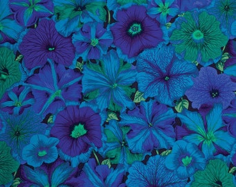 May include: A seamless fabric pattern featuring a repeating design of blue and purple flowers with green leaves. The flowers are stylized and have a vintage feel.