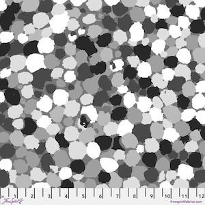 May include: A seamless pattern of black, white, and gray circles of varying sizes. The circles are arranged in a random pattern and overlap each other. The background is white.