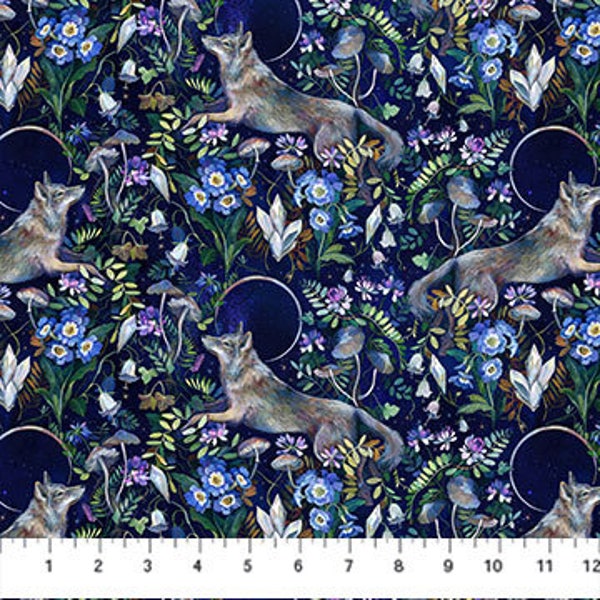 Wolves Toss with Floral on Navy from the Full Moon Collection by Clara McAllister for Figo Fabrics - 100% Cotton Fabric