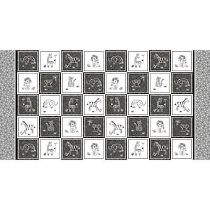 May include: Black and white patterned fabric with a repeating design of various animals including a zebra, giraffe, lion, elephant, and cat. The fabric has a gray background with white squares and a white border with black polka dots.