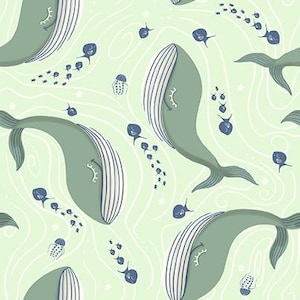 Swimming Whales in Light Green from the Sky Adventures Collection by Paintbrush Studios - 100% Cotton Fabric