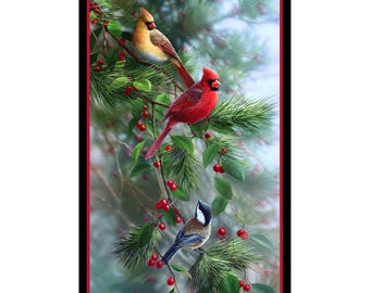 Panel de 24" con motivos de pájaros y bayas en negro de la colección Birds and Berries de Elizabeth's Studio - 100 % algodón