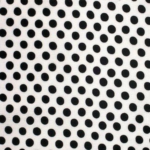 May include: White fabric with a black polka dot pattern. The dots are evenly spaced and are a slightly irregular shape.