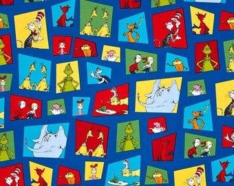 Dr. Seuss Character Blocks on Blue From Robert Kaufman's Celebrate Seuss 4 Collection