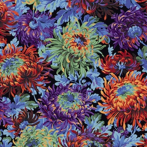 以下が含まれることがあります： 黒地にカラフルな花柄。花は赤、オレンジ、紫、緑のミックス。花は大きく、非常に詳細に描かれている。