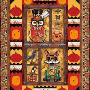 May include: A colorful quilt featuring a steampunk owl, cat, and pumpkin with gears and clockwork details. The quilt is framed with a border of black and orange pumpkins and a brown border with a repeating pattern of owls.