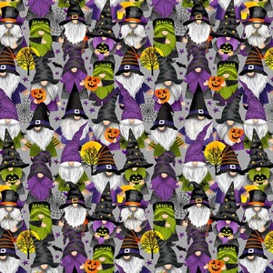 May include: A seamless pattern featuring a repeating design of gnomes dressed in purple, green, and black Halloween costumes. The gnomes are wearing pointy hats and have white beards. They are holding pumpkins, bats, and other Halloween-themed items. The background is a light gray color.