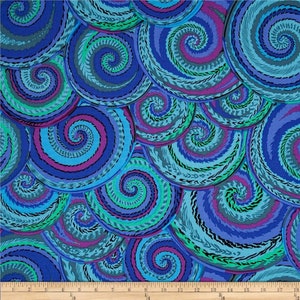 May include: A blue fabric with a repeating pattern of swirling circles in shades of blue, green, and purple.