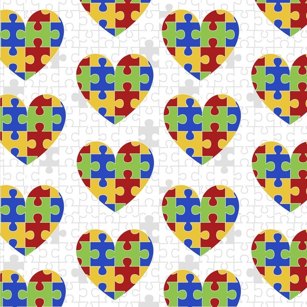 Puzzle Hearts in White from Autism Awareness Collection by David Textiles - You Choose the Cut - 100% Cotton Fabric