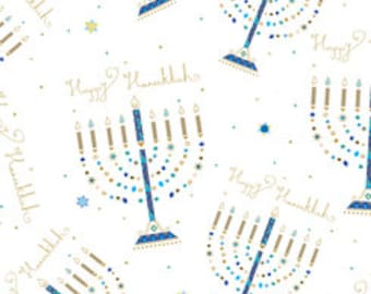 Menorahs in White from Hanukkah Greetings Collection for QT Fabric - 100% High Quality Cotton