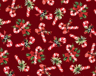 Candy Canes in Dark Red from the Merry Melody Collection by P&B Textiles - 100% Cotton Fabric
