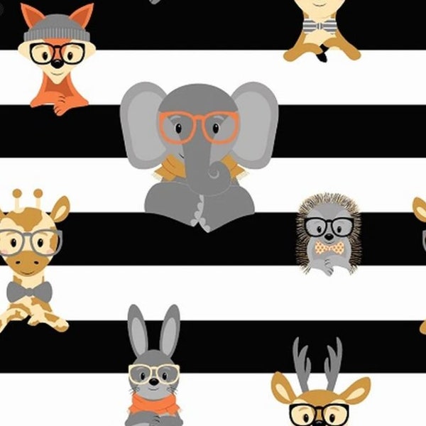 Adorable Animals in Glasses Black & White Stripe from Wild and Free Collection By Henry Glass Fabric- 100% Quilt Shop Quality Fabric