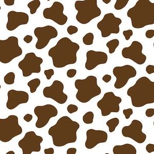 May include: A seamless pattern of brown cow spots on a white background. The spots are irregular in shape and size, creating a classic cowhide pattern.