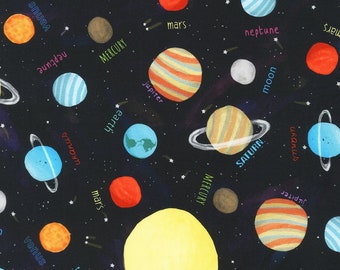Planets in Black by Carla Daly from the Space Adventure Collection for Robert Kaufman Fabrics - 100% Cotton