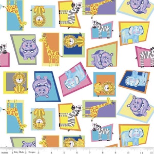 May include: A colorful fabric with a repeating pattern of animals in geometric shapes. The animals include a giraffe, zebra, hippopotamus, lion, and elephant. The fabric is white with a variety of bright colors, including yellow, orange, blue, green, and pink.