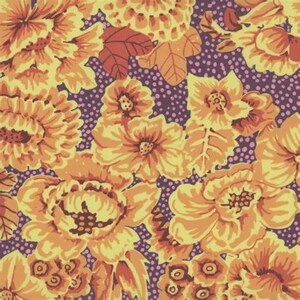 May include: A textile pattern featuring large, stylized yellow and orange flowers with dark orange leaves set against a deep purple background covered in a dense pattern of small, light-colored dots that create a textured appearance throughout.