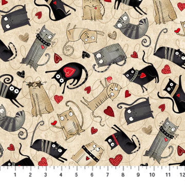 Cat Love in Tan from No Ordinary Cats Collection By Bonnie Lemaire for Northcott Fabrics- 100% Quilt Shop Cotton