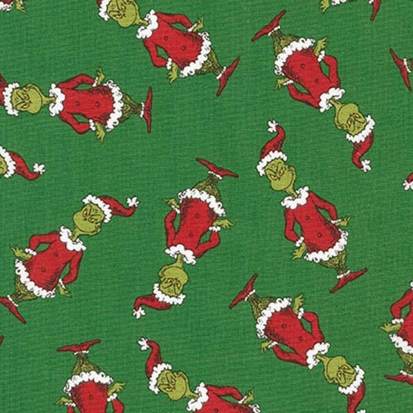 Tossed Grinch on Green from Robert Kaufman'a How The Grinch Stole Christmas from Dr Seuss - 100% Cotton -- CaliQuiltCo EXCLUSIVE