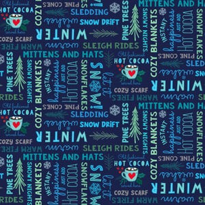 Words in Navy Blue from the Snow Drift Collection by Michael Zindell for Clothworks Fabric - 100% Cotton Fabric