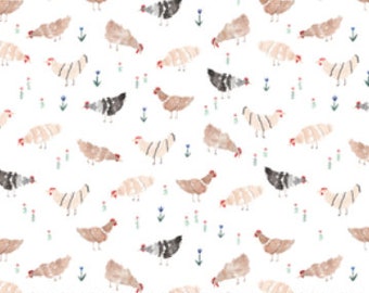 Chickens in White from Wild West Collection By Boccaccini Meadows for Figo Fabric- 100% High Quality Cotton