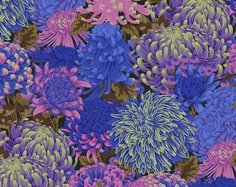 May include: A floral fabric featuring a repeating pattern of blue, purple, and pink chrysanthemums on a dark brown background.