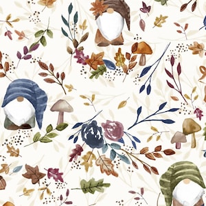 May include: Watercolor illustration featuring a repeating pattern of gnomes, mushrooms, leaves, acorns, and a fox on a cream background. The gnomes wear pointed hats in blue, green, and brown. Autumnal colors of brown, orange, and purple are used throughout the design.