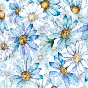 Op de afbeelding: Een aquarelpatroon met blauwe en witte madeliefjes op een witte achtergrond.