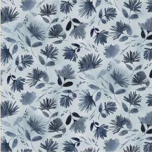 May include: A fabric featuring a repeating pattern of dark navy blue watercolor-style flowers and leaves set against a light, pale blue background. The floral design consists of various spiky, star-shaped blossoms and simple foliage.